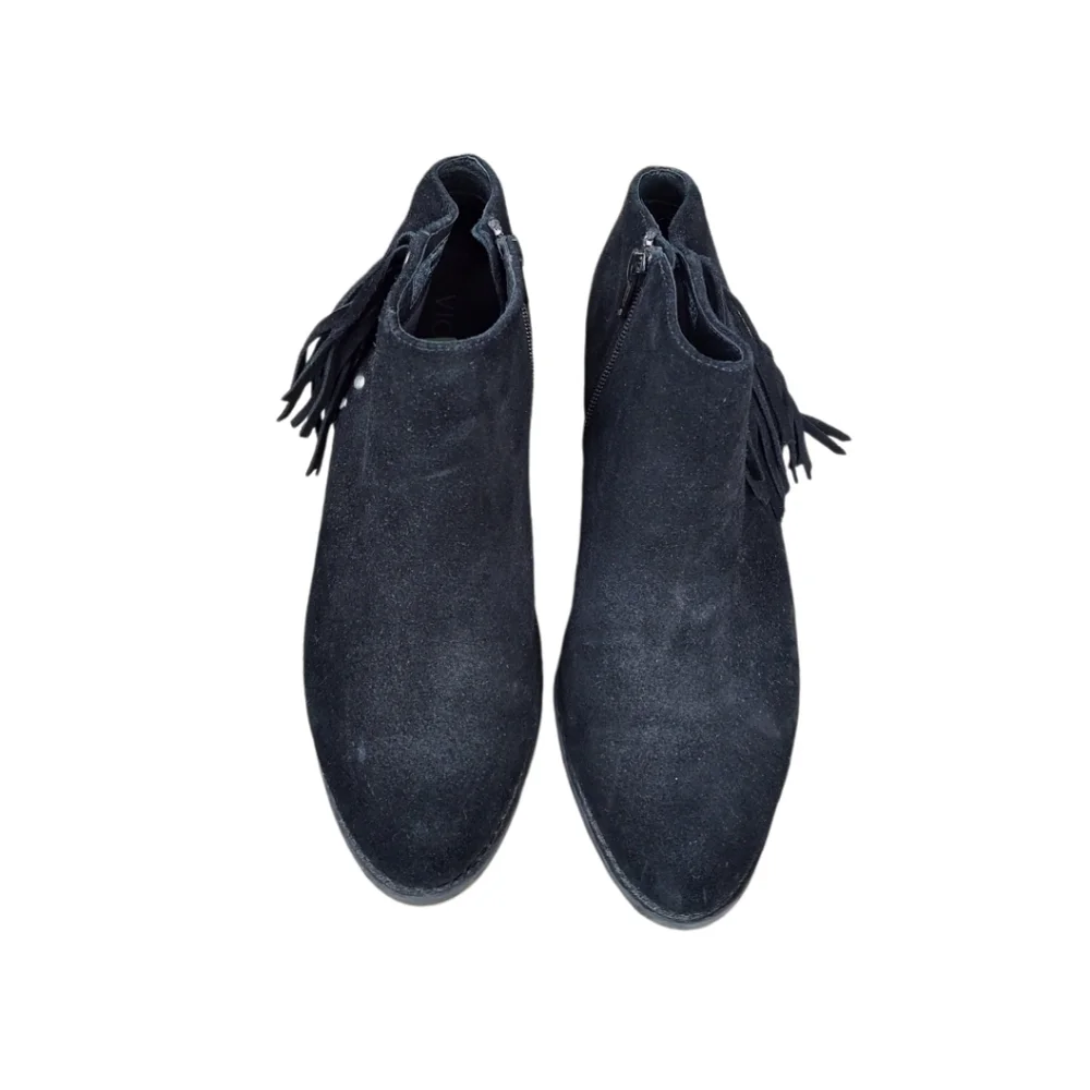Vionic Black Suede Fringe Ankle Boots With Studded Details